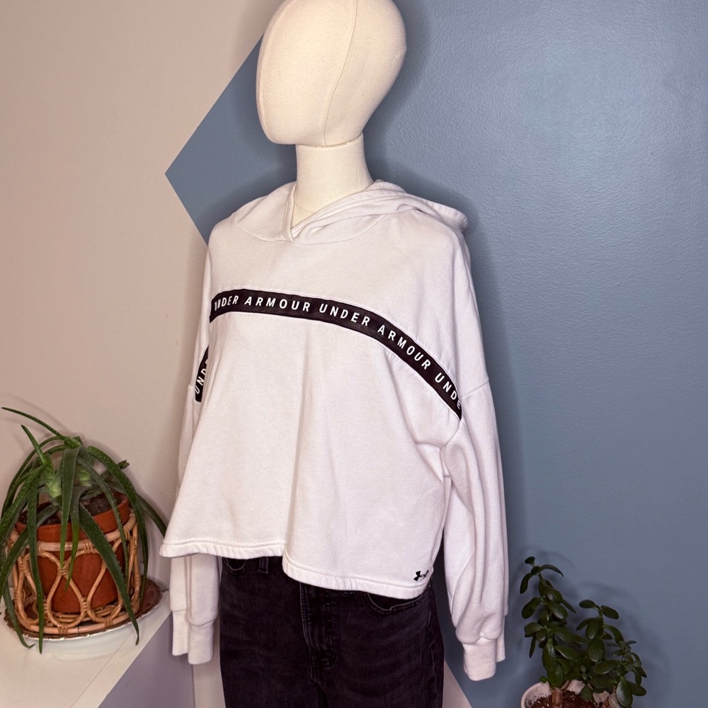 Under Armour White Logo Tape Hoodie Loose Fit Women’s Medium Athleisure Fleece - Picture 2 of 12